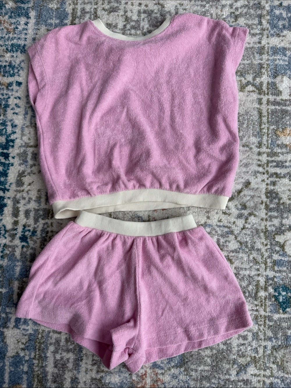 Zara Cozy Pink Terry Cloth Lounge Set with Cream Trim